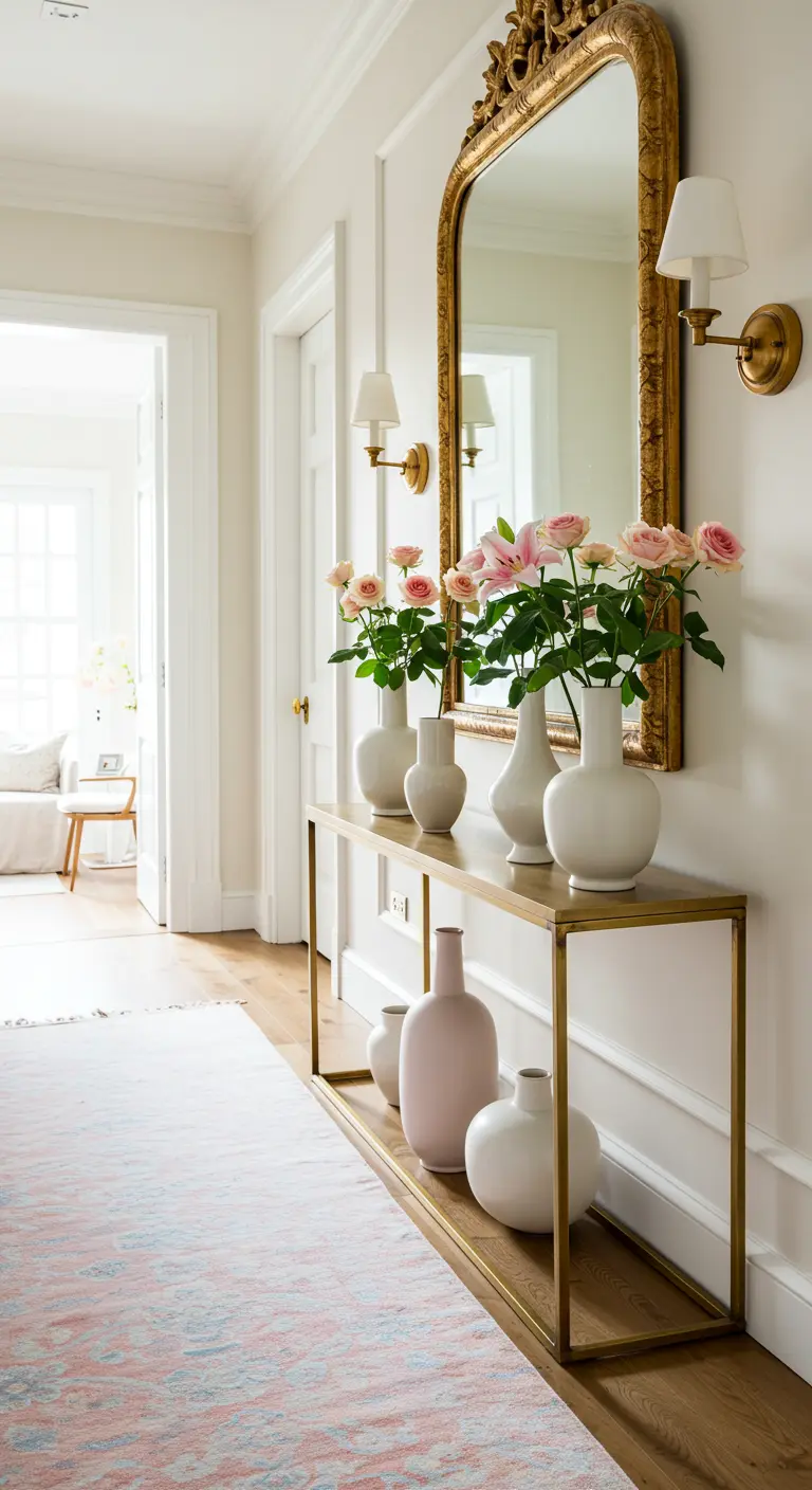 Entrée élégante avec un grand miroir doré, console dorée et vases blancs/roses.