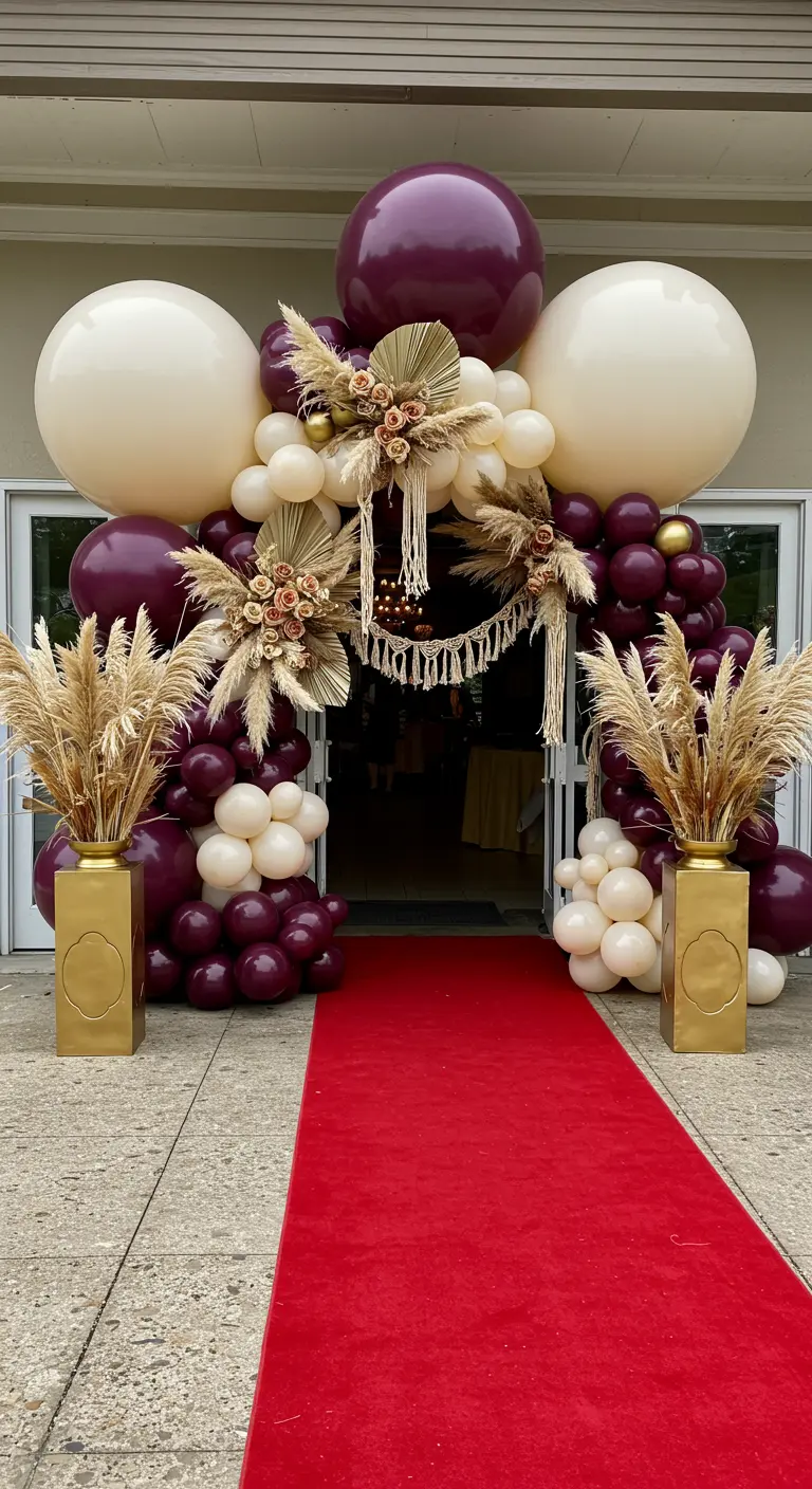 Arche de ballons bordeaux et crème devant une entrée avec tapis rouge et piliers dorés.