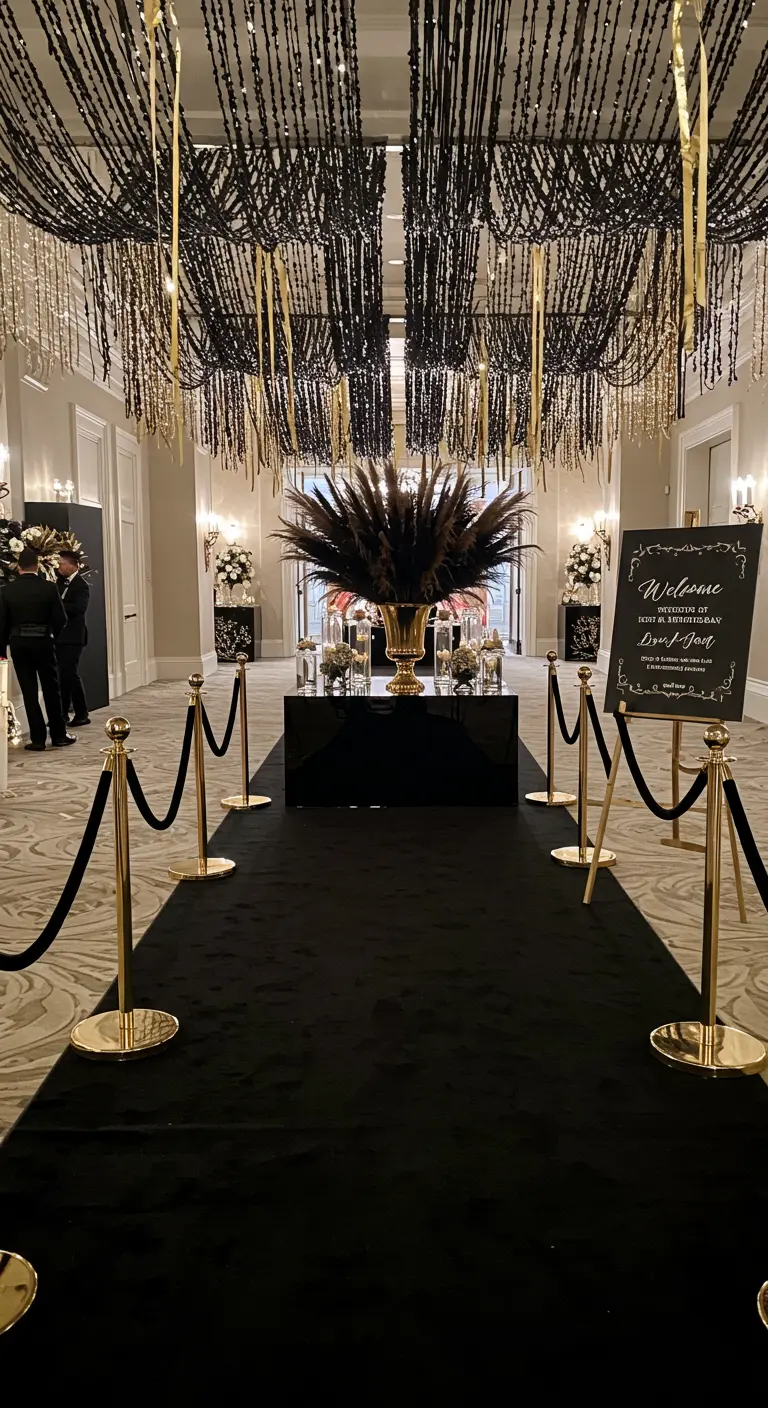 Entrée de fête glamour avec tapis noir, potelets dorés et décorations au plafond.