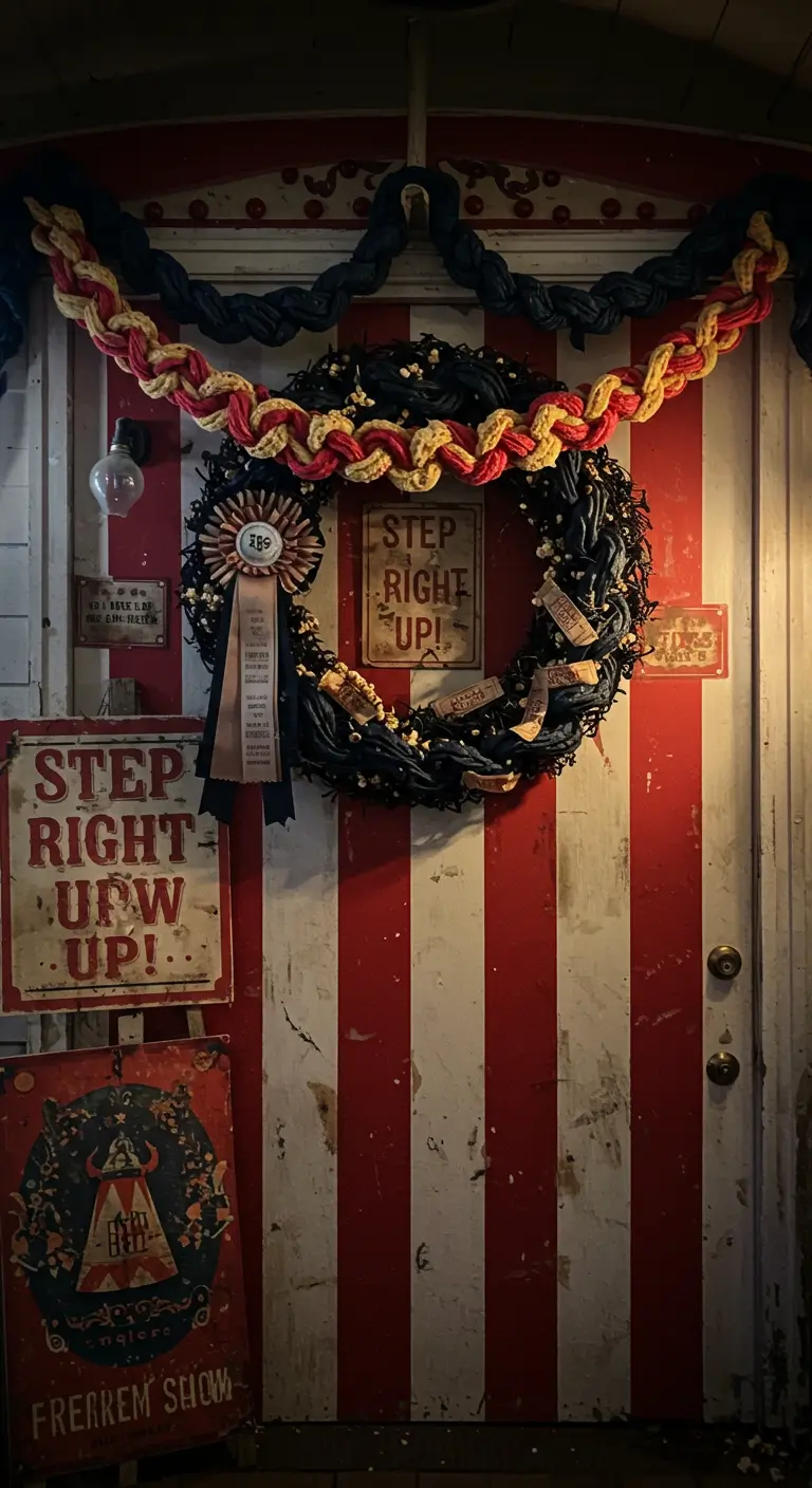 Porte de carnaval avec des rayures rouges et blanches et des affiches vintage.