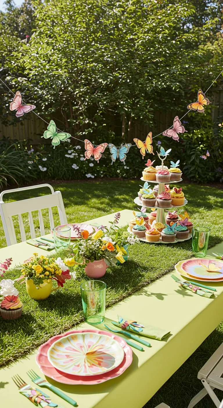 Table de jardin printanière avec chemin de table en gazon, papillons et cupcakes fleuris.