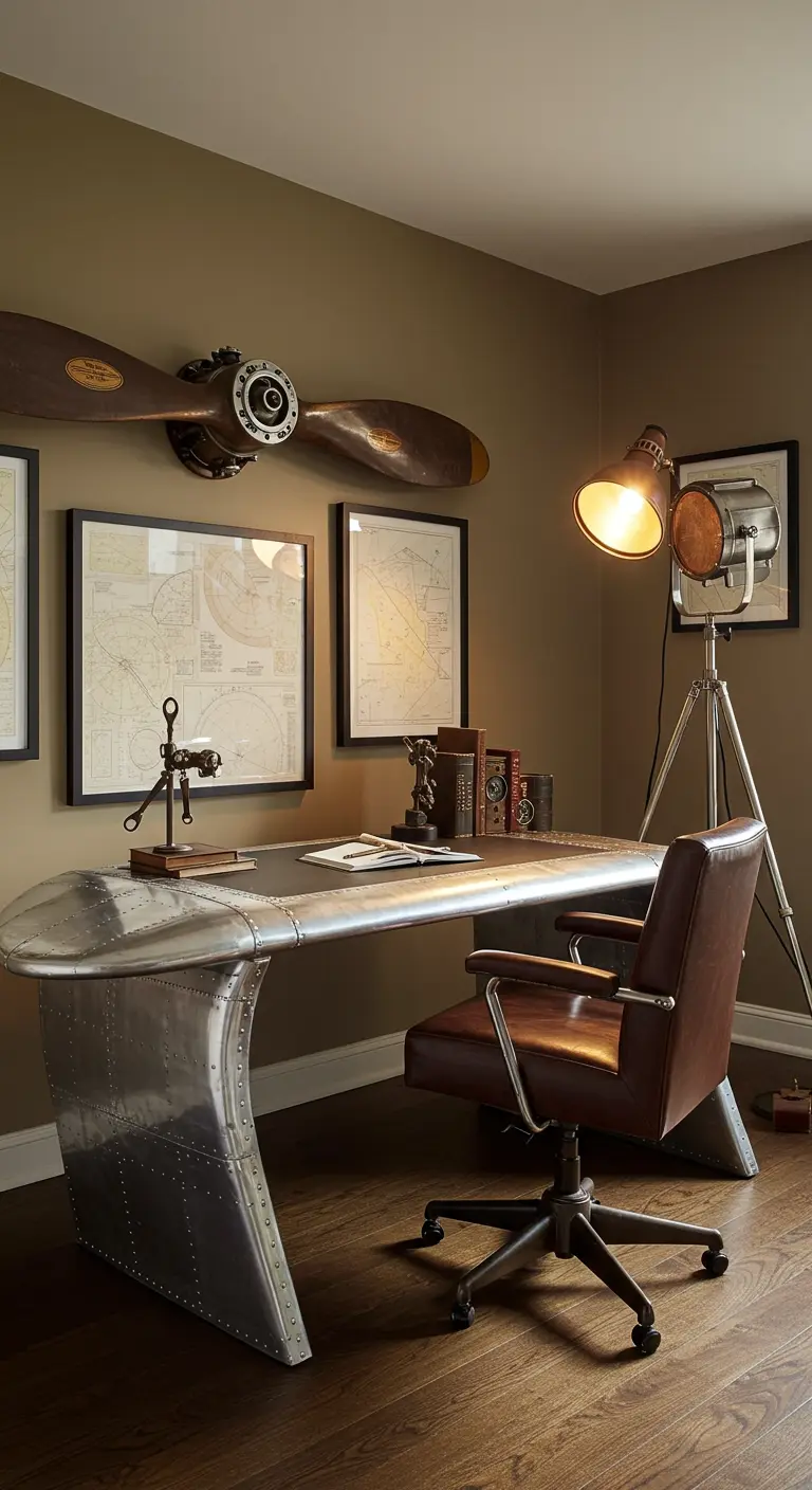 Bureau de style aviateur en aluminium riveté, avec une hélice d'avion décorative au mur.