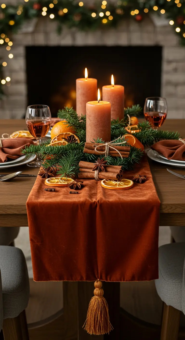 Chemin de table en velours terracotta avec oranges séchées, cannelle et branches de pin.