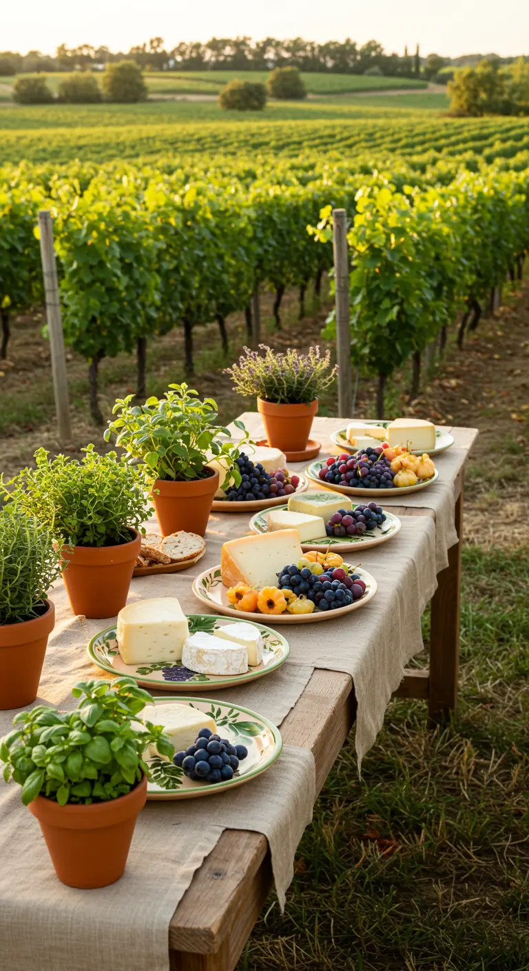 Table en bois dans un vignoble avec des plateaux de fromage et de fruits.
