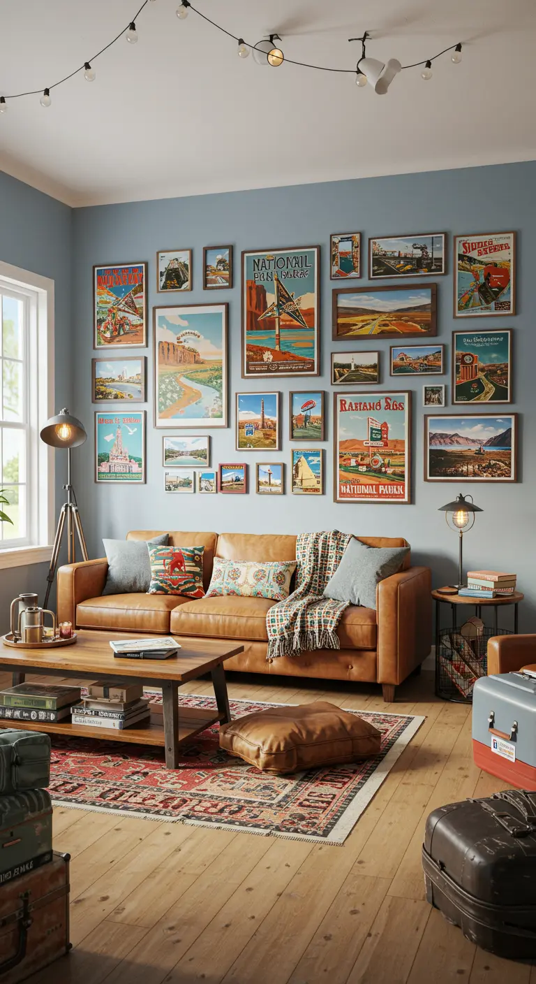 Salon rétro avec un mur de cadres d'affiches de voyage américaines vintage, canapé en cuir marron.