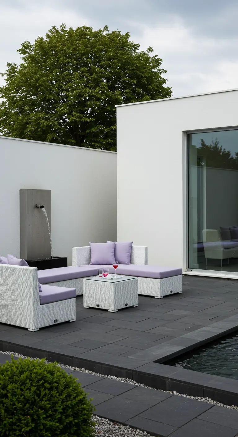 Salon de jardin en rotin blanc avec des coussins mauve pastel dans une cour moderne et minimaliste.