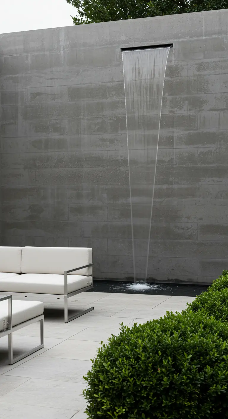 Cour minimaliste avec une fontaine cascade sur un mur en béton et un canapé blanc.