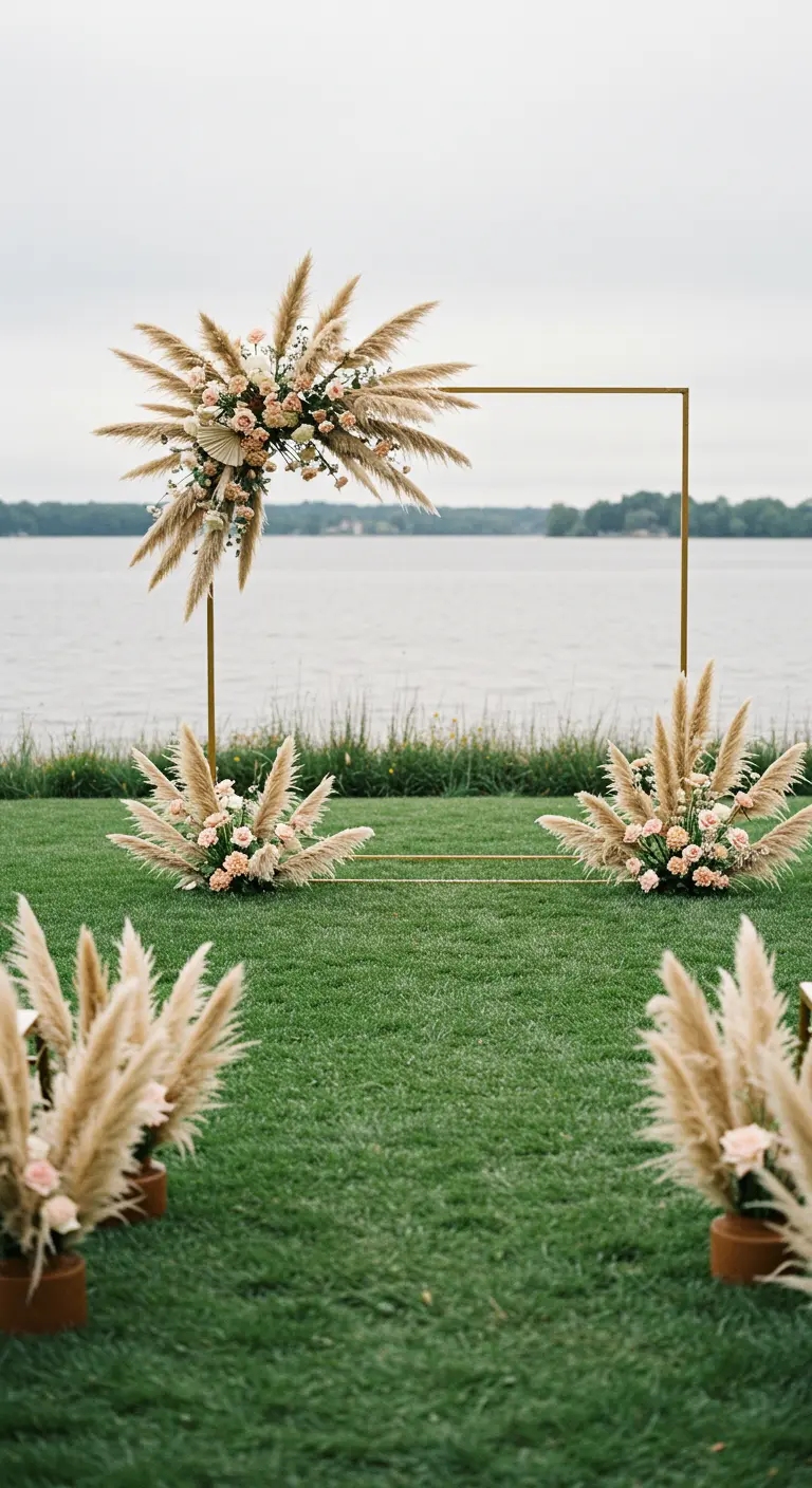 Arche carrée dorée minimaliste avec un bouquet de pampas au bord d'un lac.