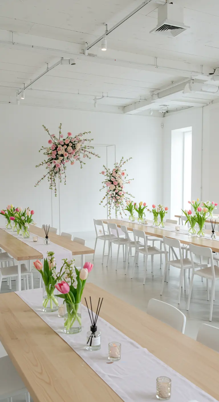 Salle blanche moderne avec de longues tables en bois, compositions florales roses et diffuseurs de parfum.