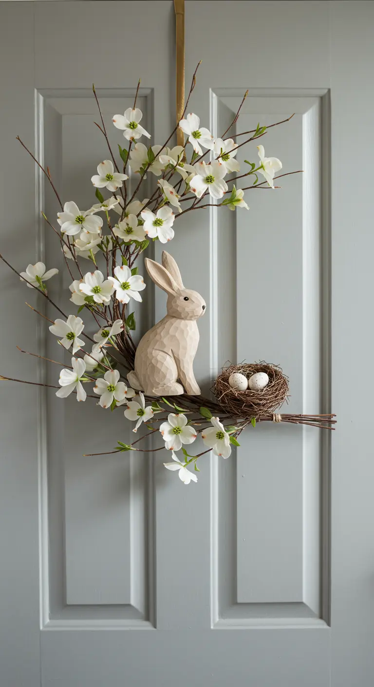 Composition de Pâques avec branches de cornouiller et lapin sculpté.