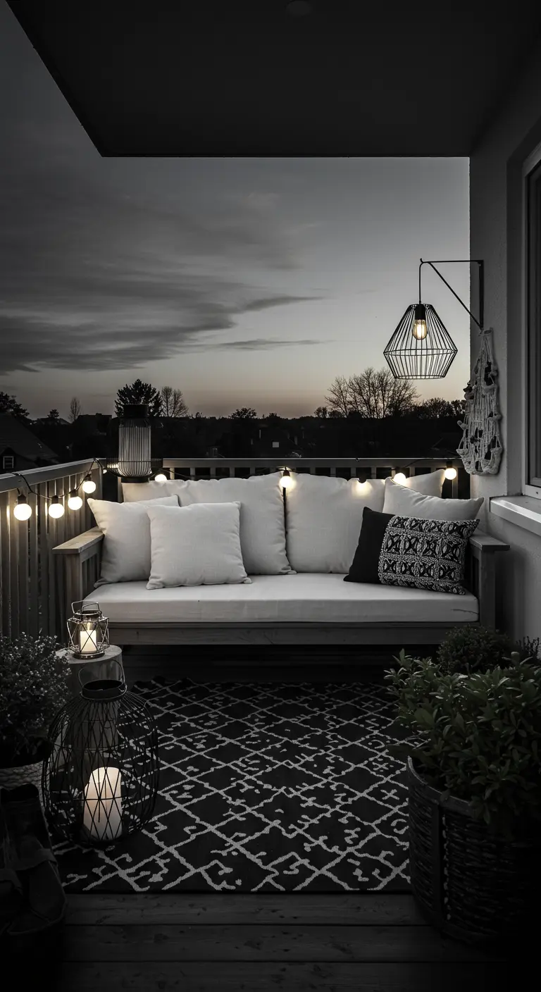 Balcon monochrome noir et blanc avec tapis géométrique et suspension design