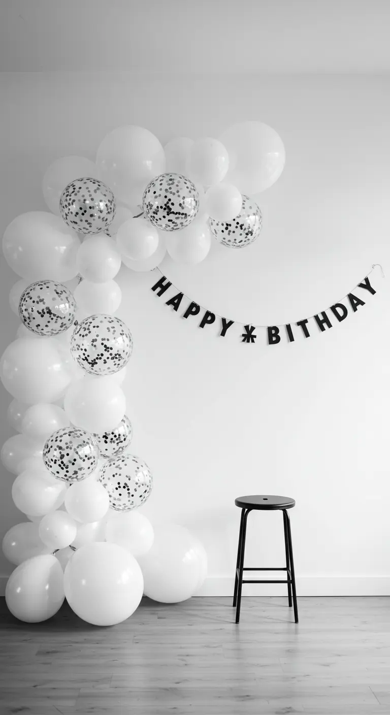 Photobooth minimaliste en noir et blanc avec des ballons blancs et à confettis.
