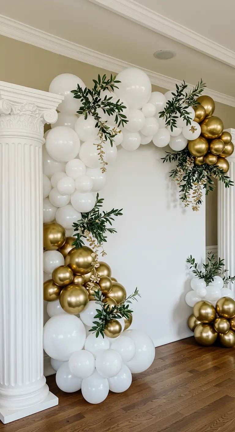 Arche de ballons blancs et dorés avec du feuillage vert sur un mur blanc classique.