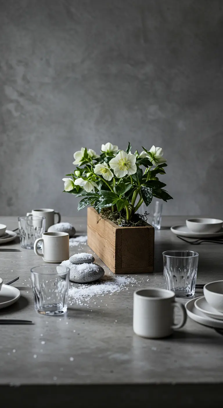 Table minimaliste avec des fleurs blanches dans une jardinière en bois.