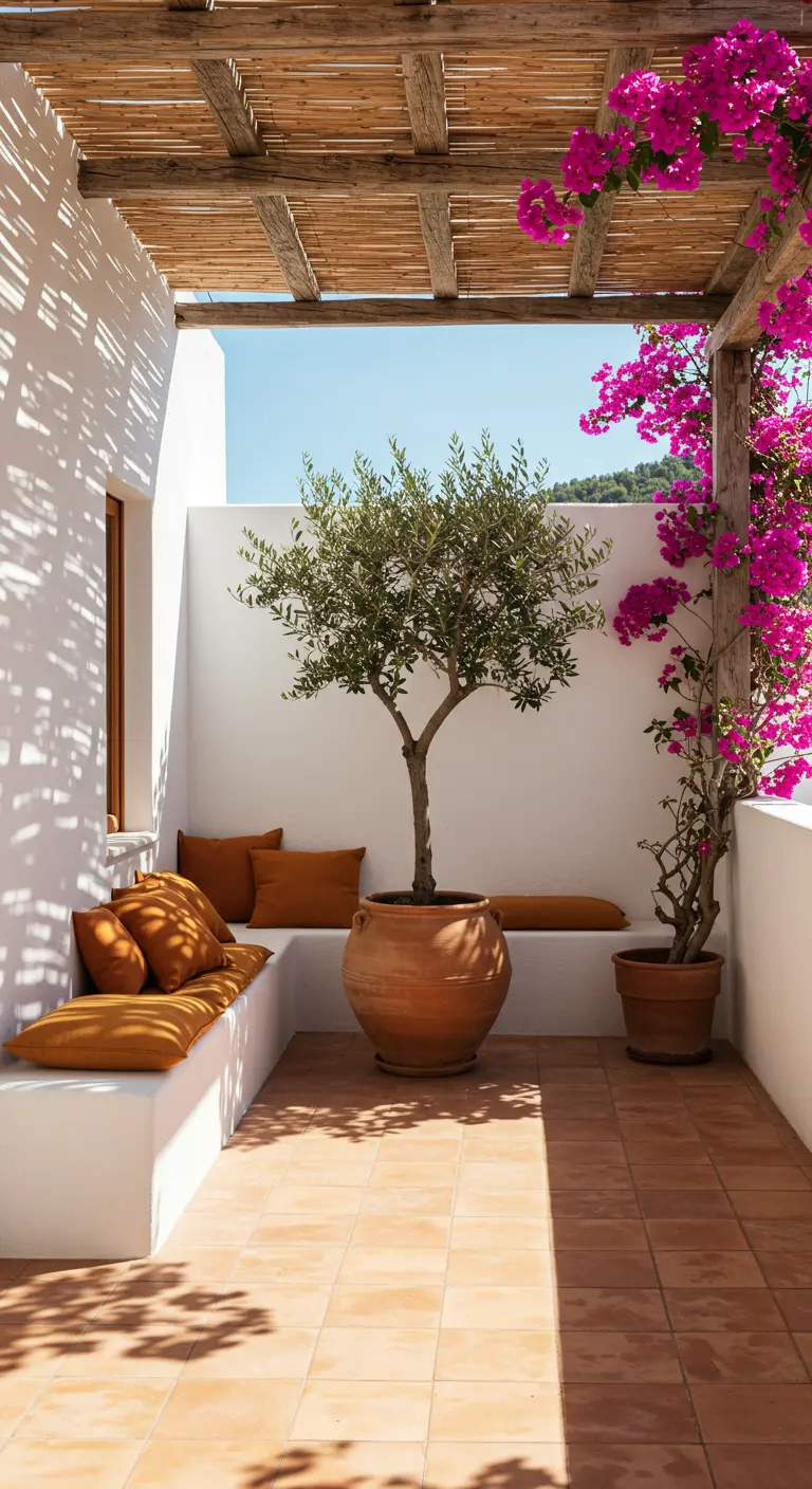 Patio méditerranéen minimaliste avec des murs blancs, un olivier et un bougainvillier.