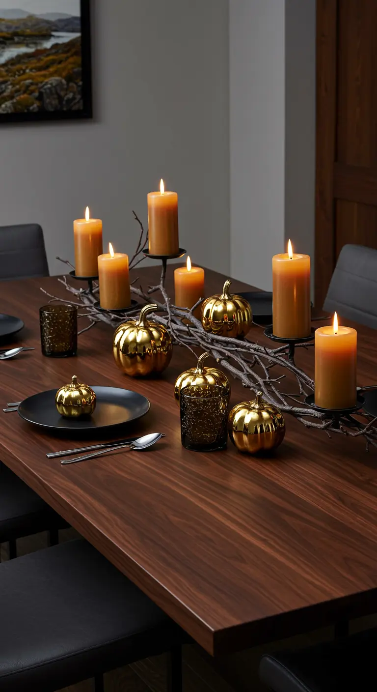 Une table en bois sombre, décorée d'un chemin de branches, de citrouilles dorées et de bougies ambrées sur chandeliers noirs.