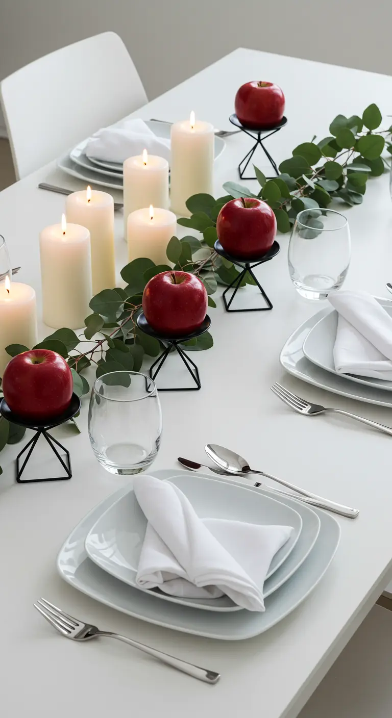 Table blanche avec branches d'eucalyptus, supports noirs pour pommes rouges et bougies piliers blanches.