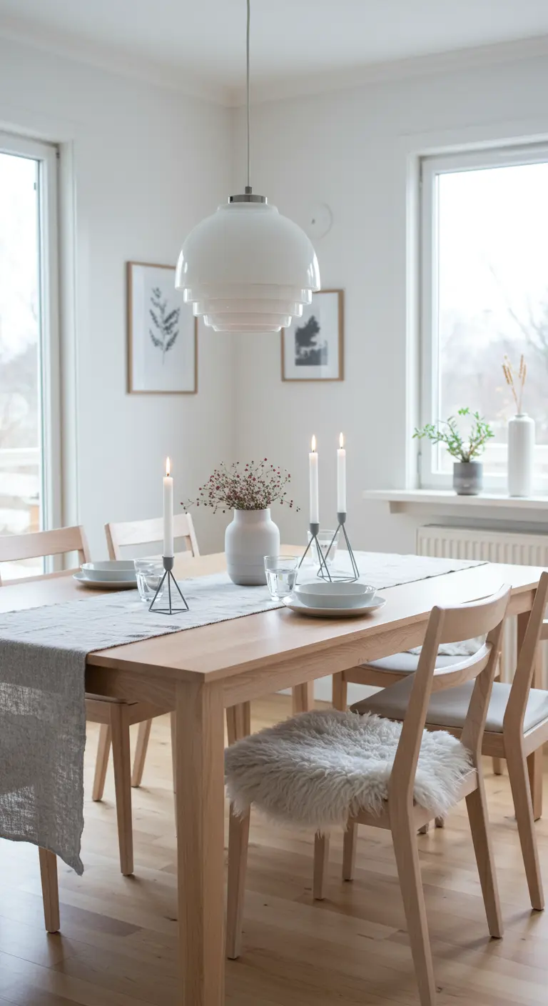 Table en bois clair, chemin de table gris, vaisselle blanche, bougeoirs géométriques.