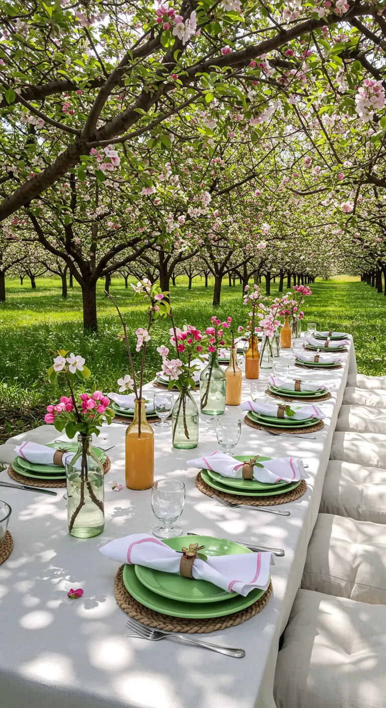 Longue table blanche dressée pour un pique-nique sous des pommiers en fleurs.