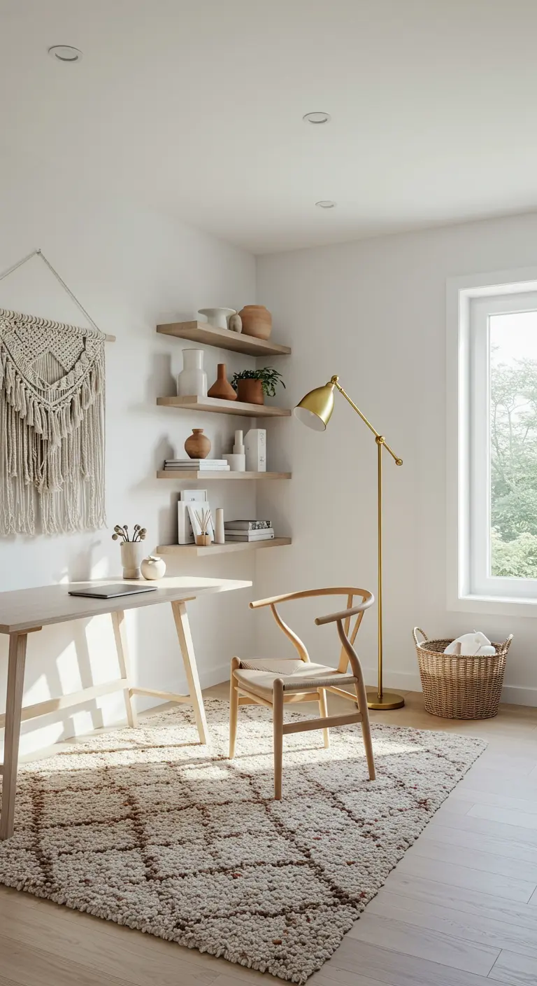 Bureau minimaliste avec tenture en macramé, tapis berbère et lampadaire doré.
