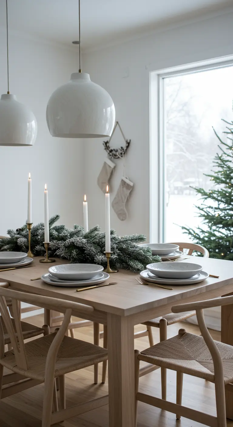 Table de Noël scandinave avec guirlande de sapin enneigée et bougies fines.