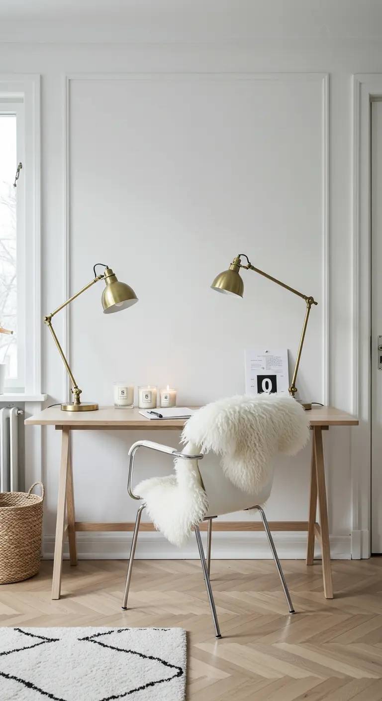 Bureau scandinave minimaliste avec deux lampes en laiton, une chaise et une peau de mouton.