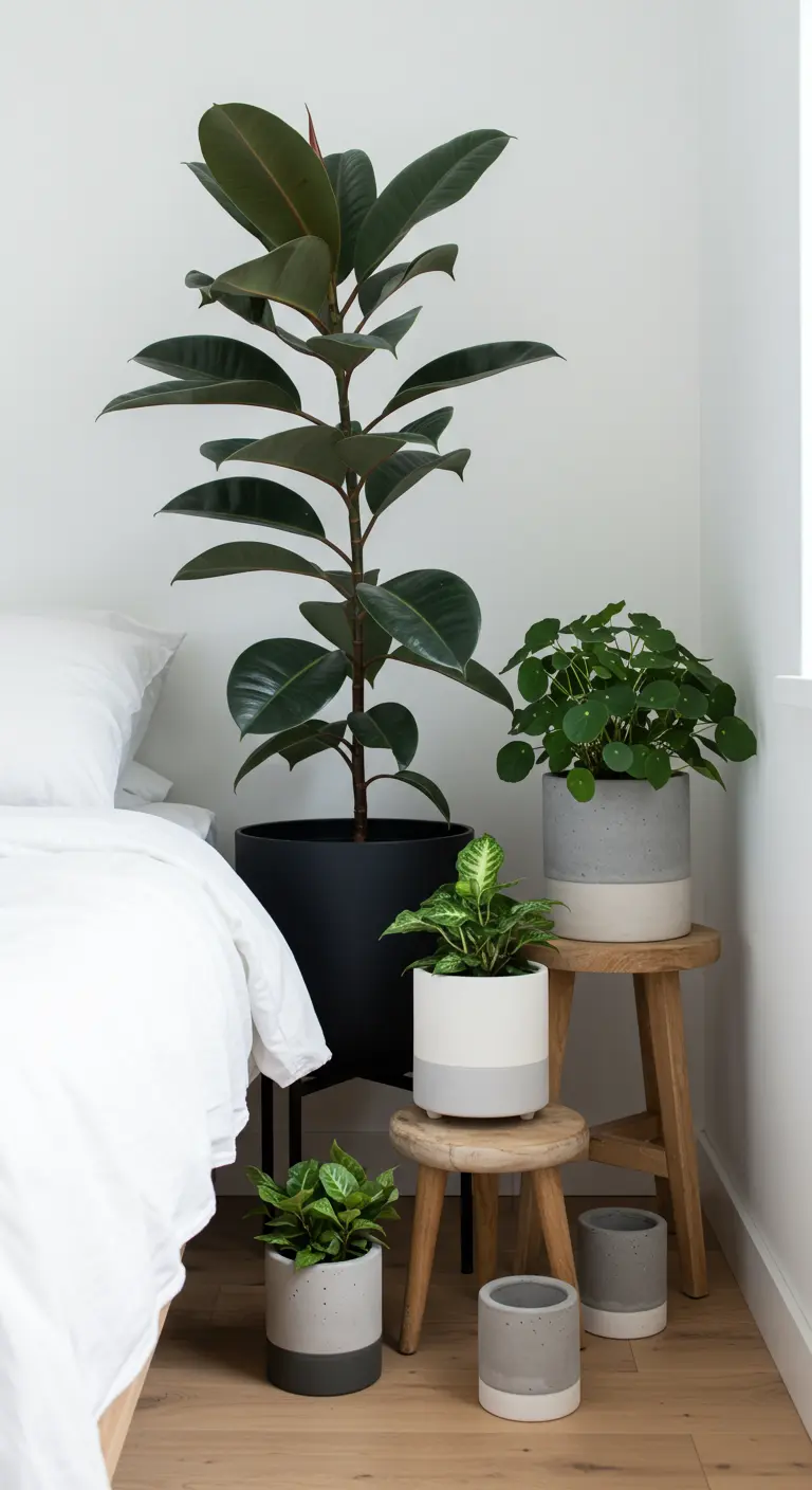 Coin chambre minimaliste avec Ficus elastica, Pilea et pots en béton.