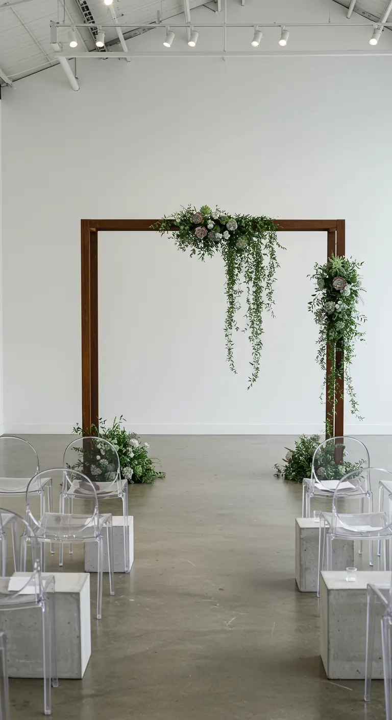 Arche carrée en bois avec des cascades de succulentes dans un espace blanc.