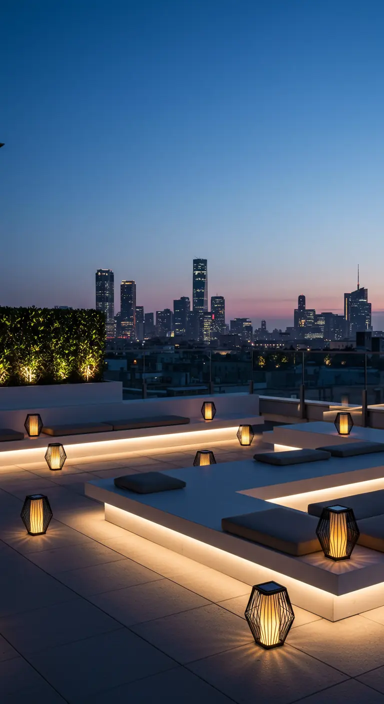 Un rooftop moderne avec des banquettes basses éclairées par des LED et des lanternes design.