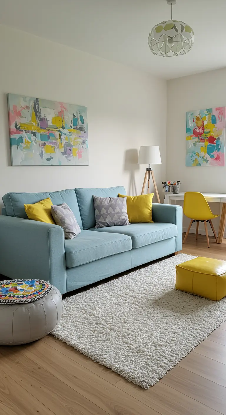 Canapé bleu pastel avec des coussins jaunes vifs, gris à motifs et roses pales.