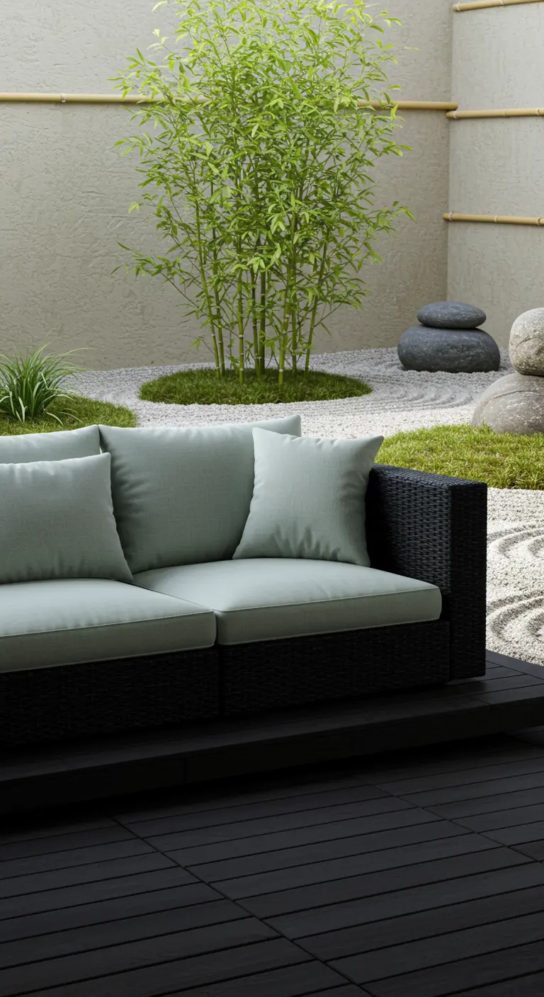 Canapé bas en rotin noir avec des coussins vert sauge dans un jardin zen minimaliste.