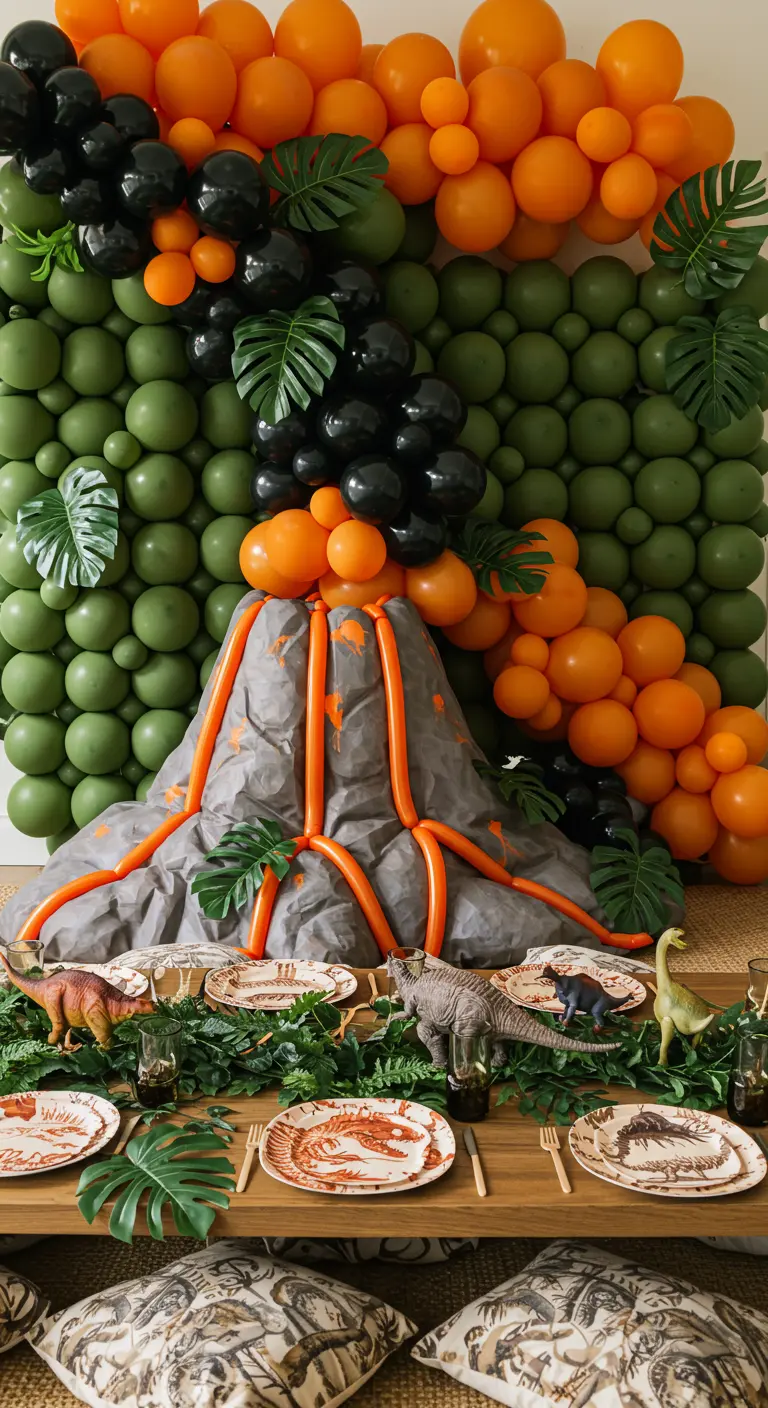 Mur de ballons dinosaure avec un volcan en éruption et des feuilles tropicales.
