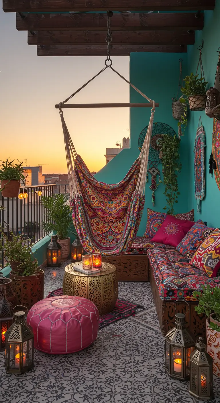 Balcon de style marocain très coloré avec un grand hamac suspendu.