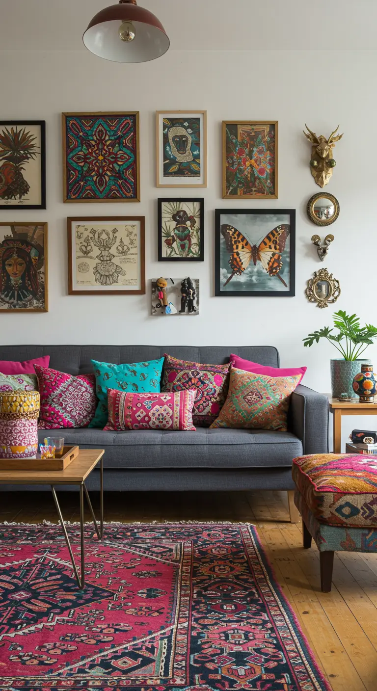 Canapé gris entouré d'un mur de galerie et recouvert de coussins aux motifs ethniques colorés.