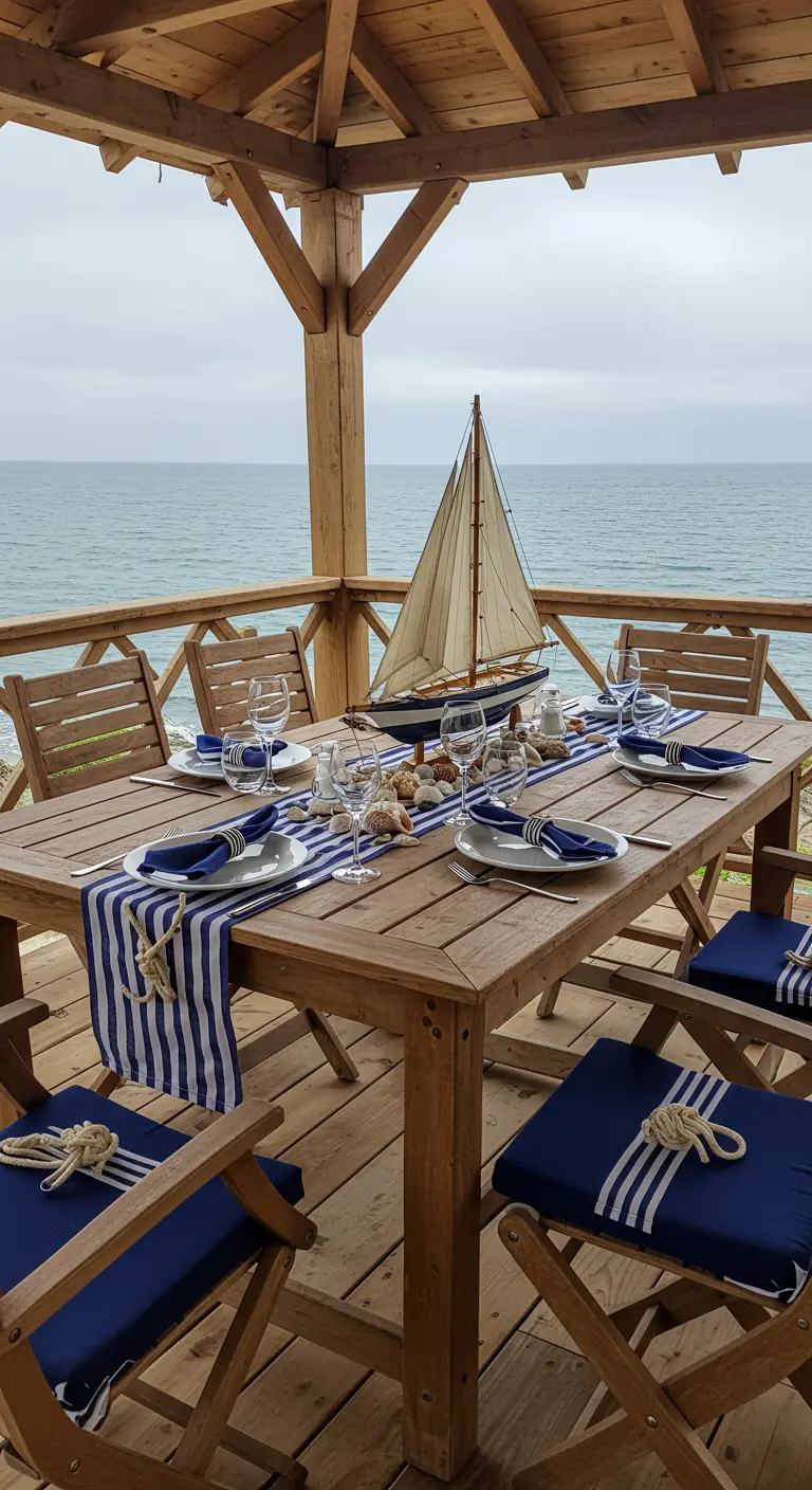 Table en bois au bord de la mer avec maquette de voilier et déco marine.