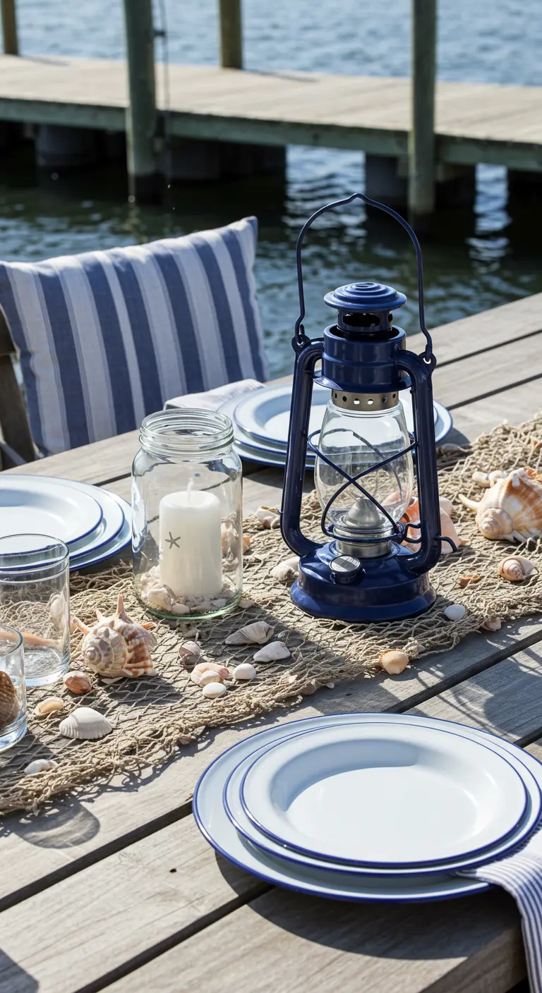 Lanterne tempête bleue et coquillages sur une table en bois près d'un ponton.