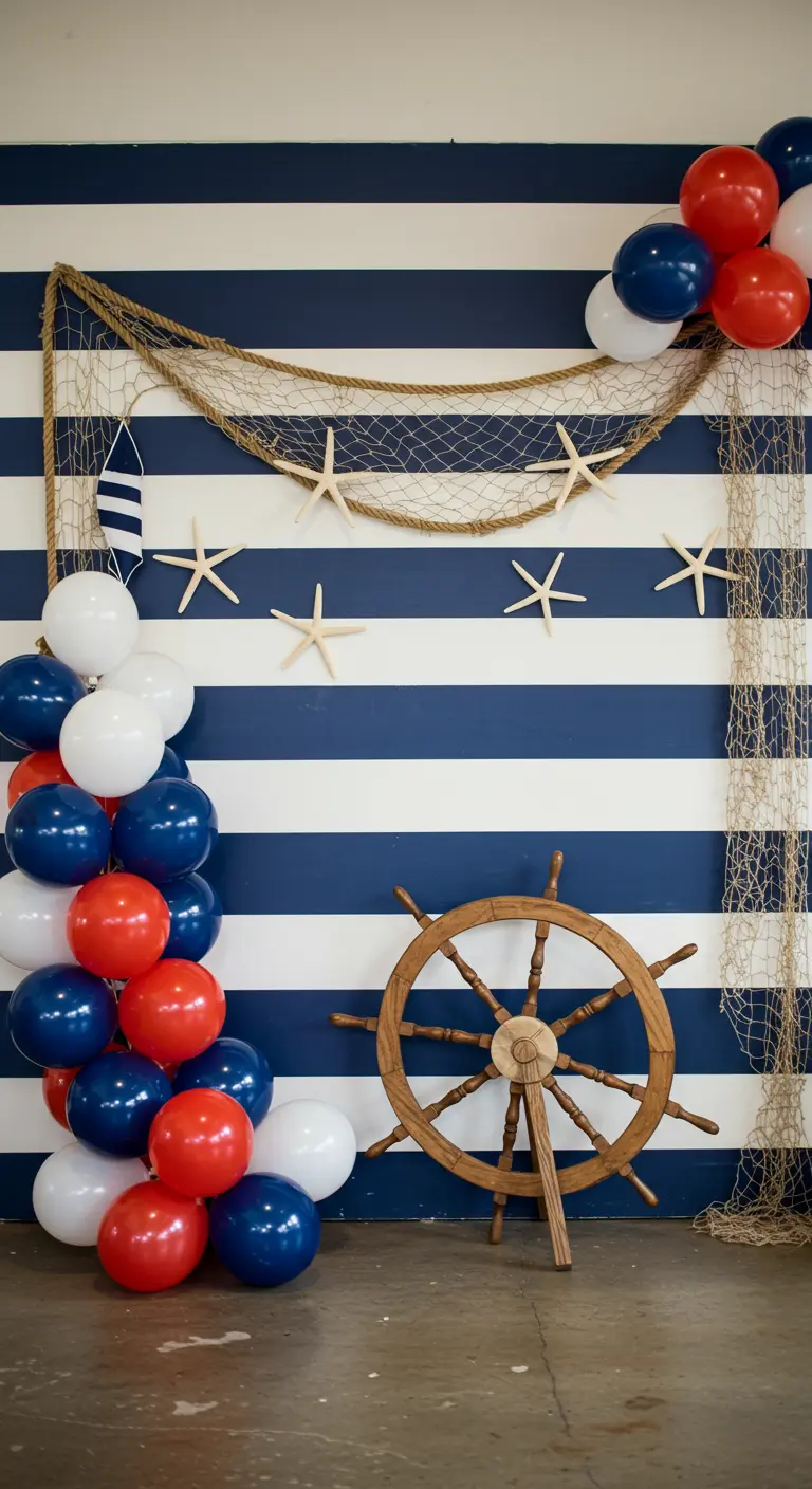 Photobooth thème marin avec un fond à rayures, un filet de pêche, et des ballons rouges, blancs et bleus.