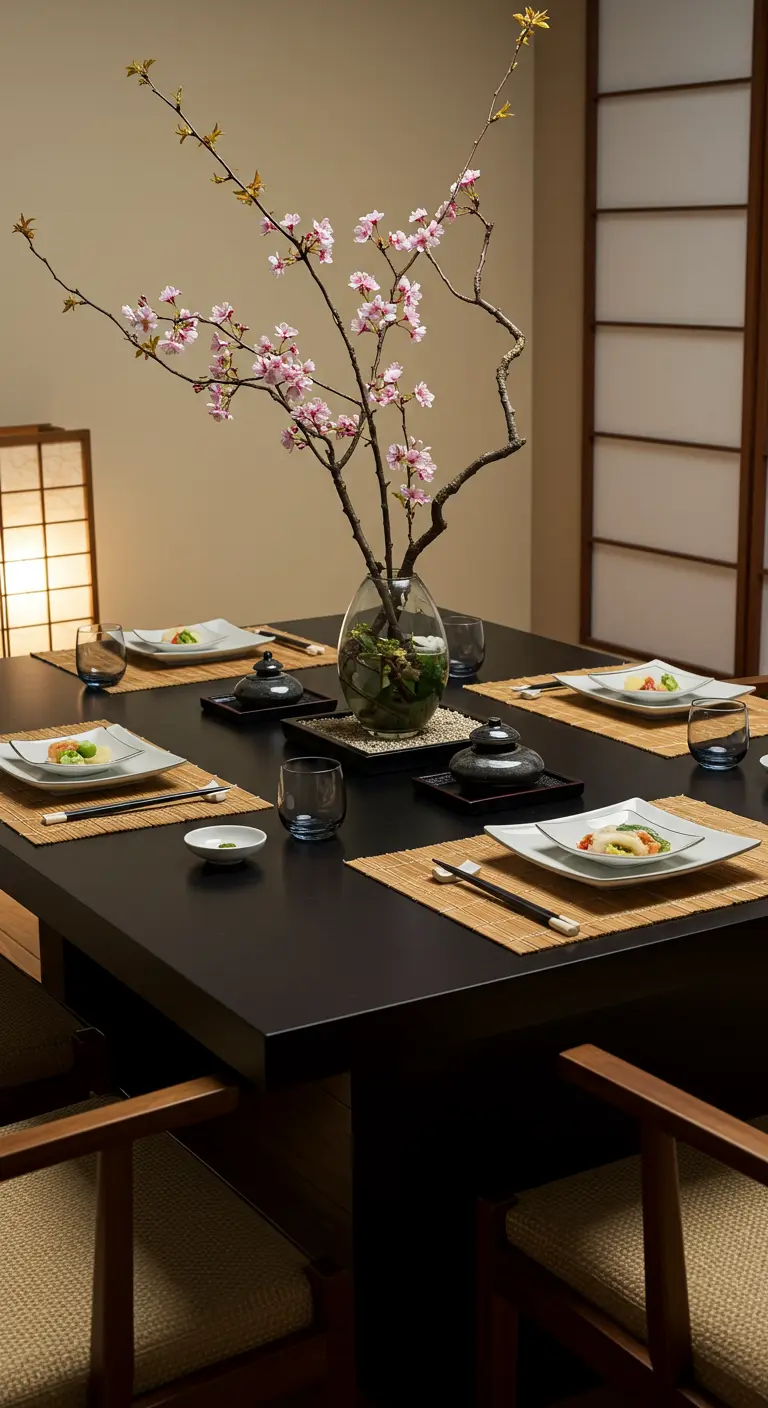 Table japonaise minimaliste avec une branche de cerisier en fleurs.