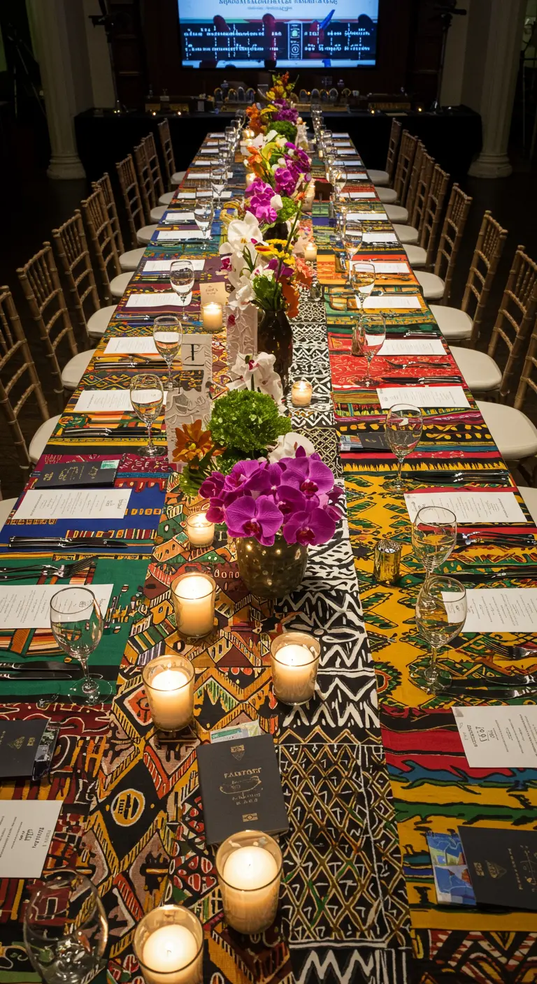 Longue table de fête avec un chemin de table en tissu wax africain coloré.