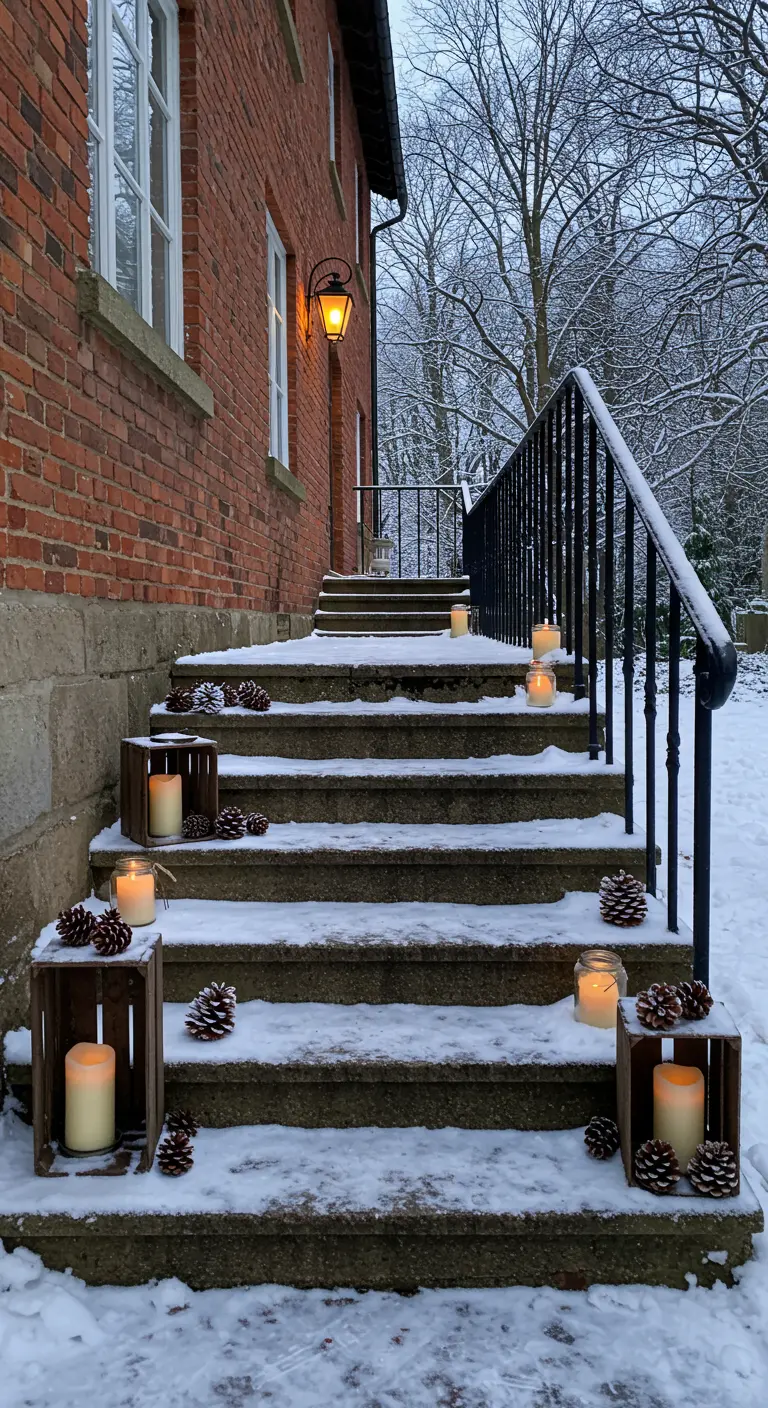 Escalier extérieur enneigé décoré de bougies posées sur de petites caisses en bois.