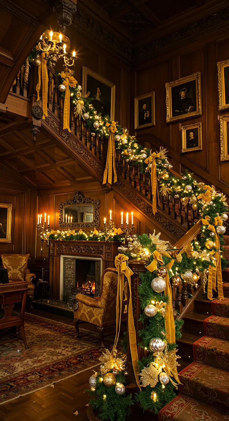 Grand escalier en bois décoré d'une guirlande de sapin, boules de Noël dorées et argentées et rubans.