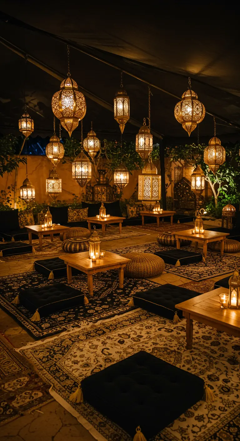 Ambiance marocaine avec tapis berbères, tables basses et lanternes dorées suspendues.