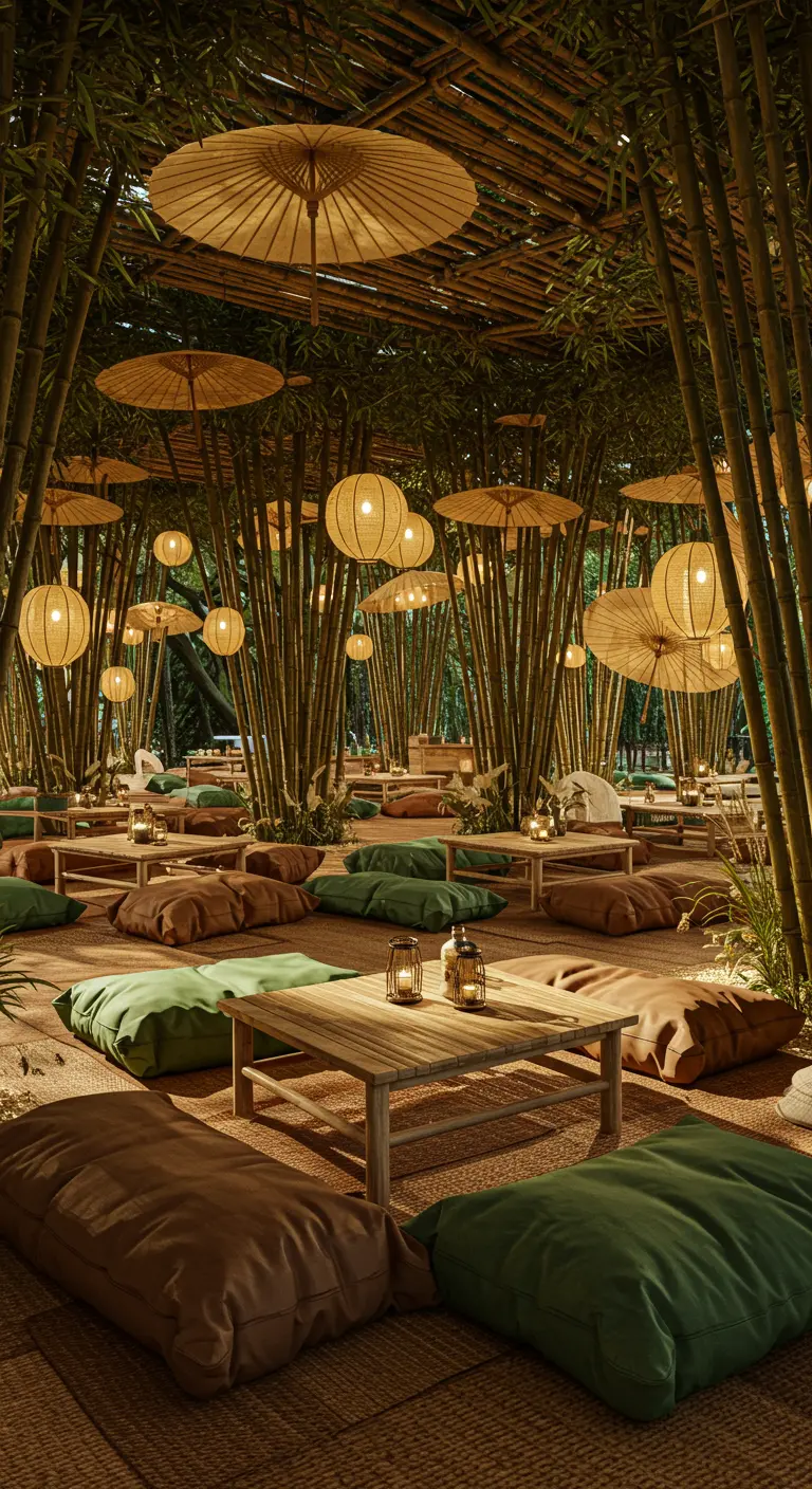 Salon de jardin tropical sous des bambous, avec tables basses, coussins verts et marron, et lampions doux.