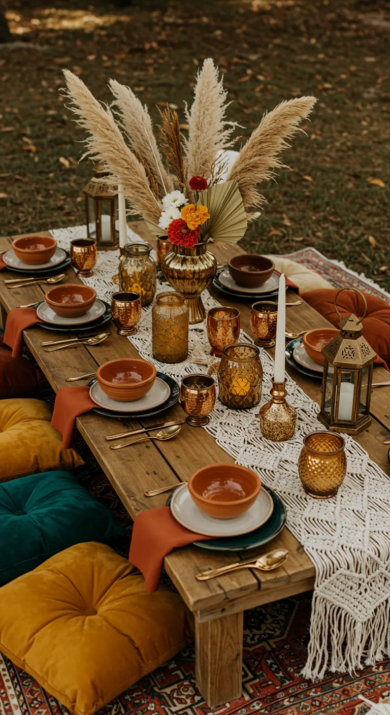 Table basse en bois avec coussins au sol, décorée de pampas, photophores dorés et vaisselle en terre cuite.