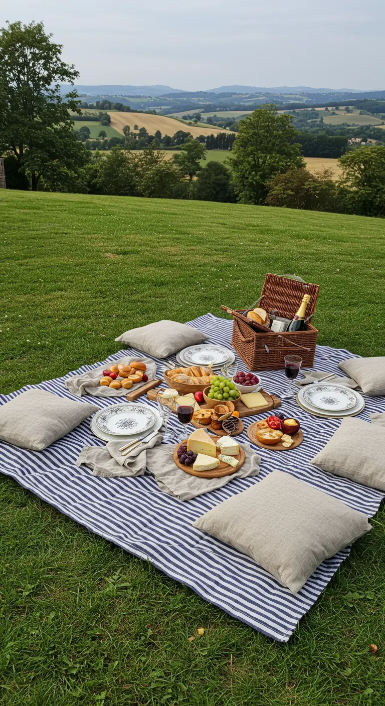 Pique-nique élégant sur une nappe à rayures bleues et blanches.