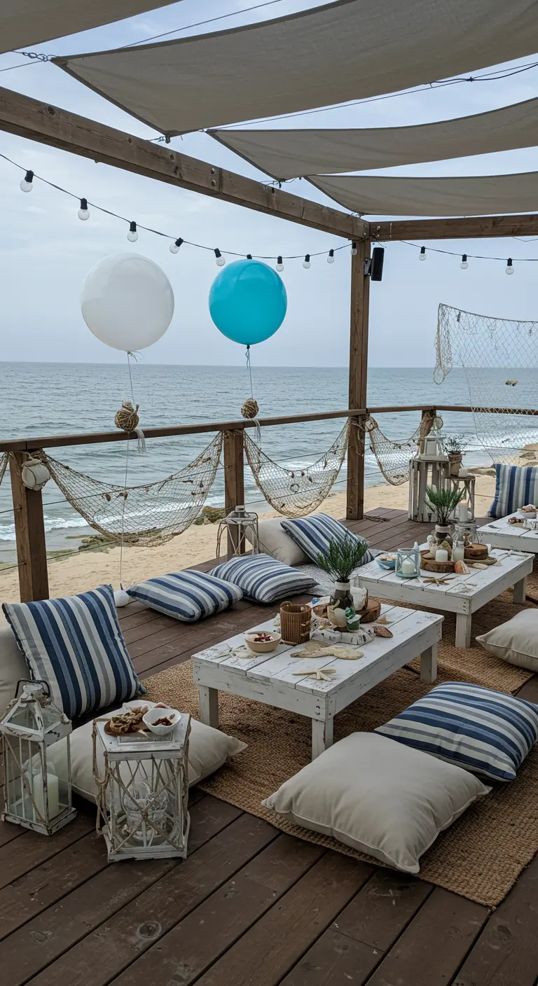 Terrasse sur pilotis avec thème marin, filets de pêche et coussins rayés.