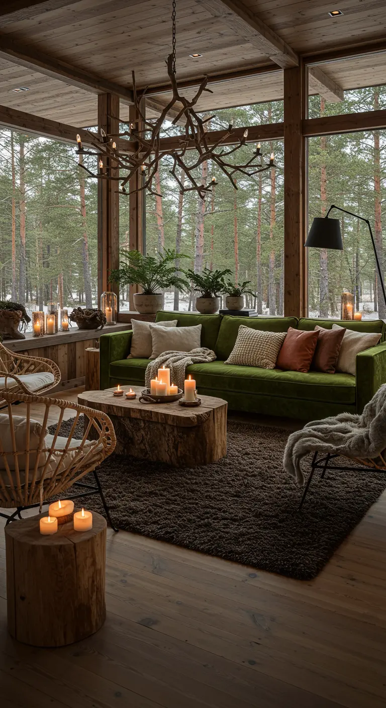 Salon forestier avec canapé vert velours, tapis marron foncé, table basse en tronc d'arbre et bougies.
