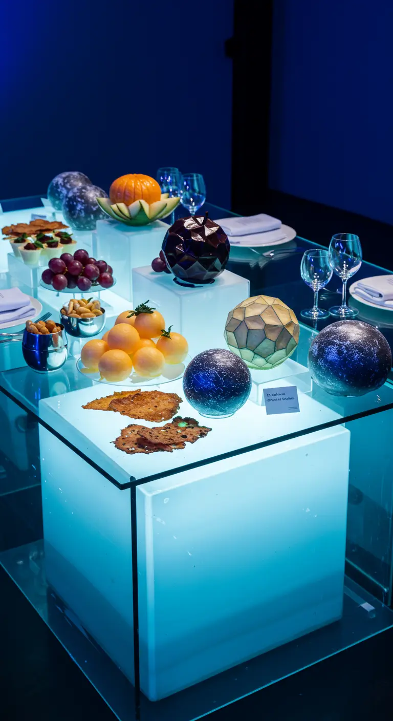 Table futuriste éclairée de néons bleus avec boules de chocolat galactiques et fruits exotiques.