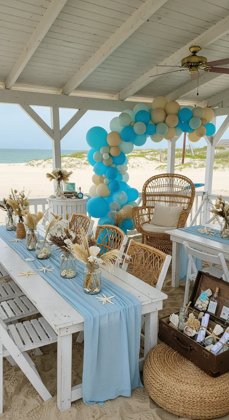 Fête sur la plage avec arche de ballons bleus et beiges, décor marin et vue sur l'océan.