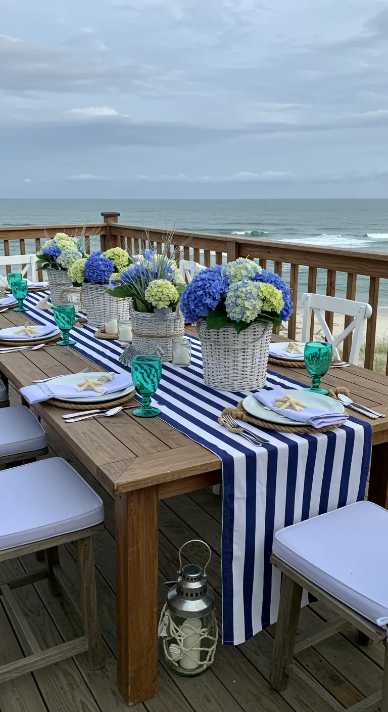 Table d'extérieur avec chemin de table rayé bleu, paniers d'hortensias et verres turquoises.